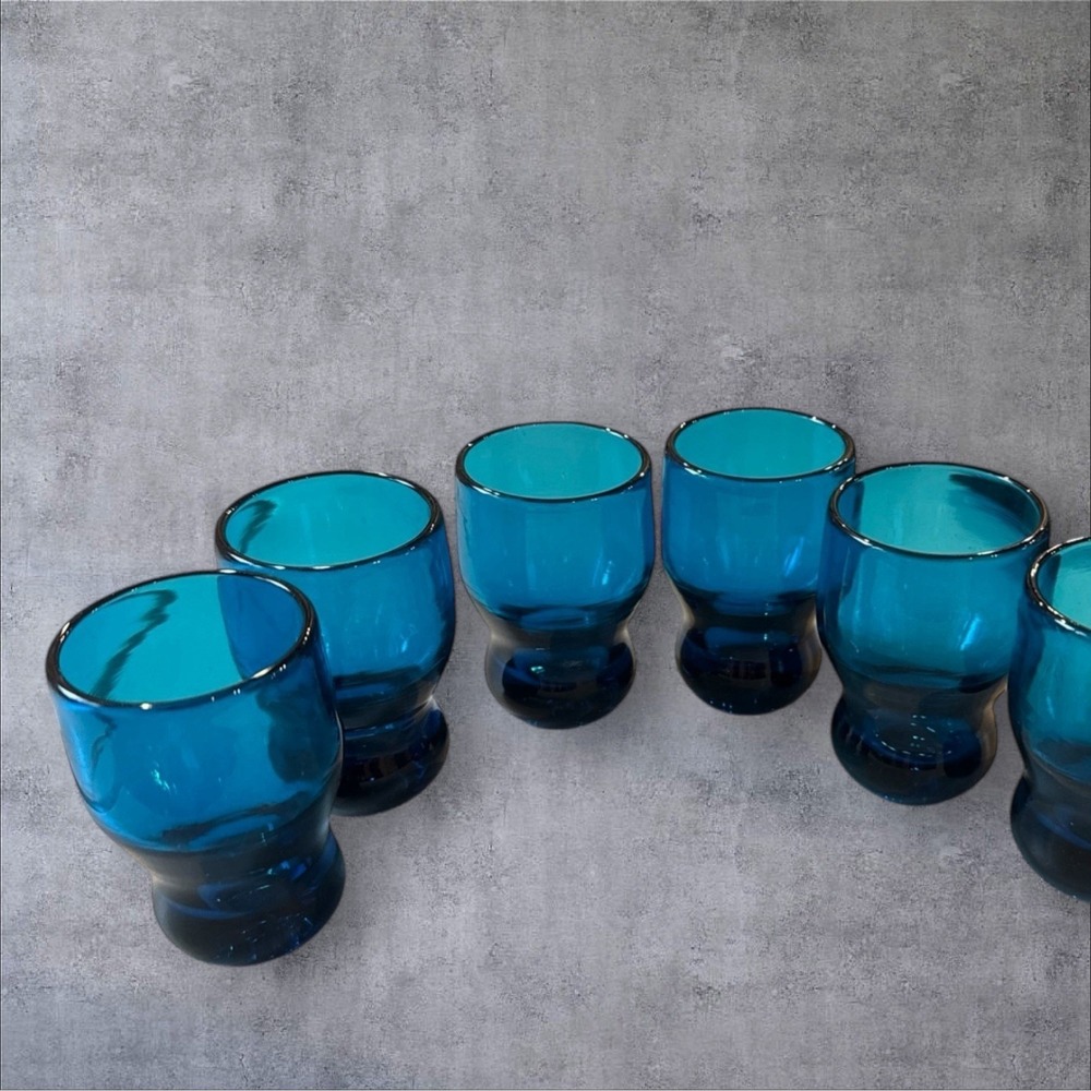 Lot Of 6 VTG Blown Glass Blue Cordial Shot Glasses MCM 1950's Boho Coastal RARE